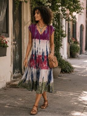 The Pyramid Collection Tie-Dye V-Neck Maxi Dress in Purple, Blue & Pink Size M